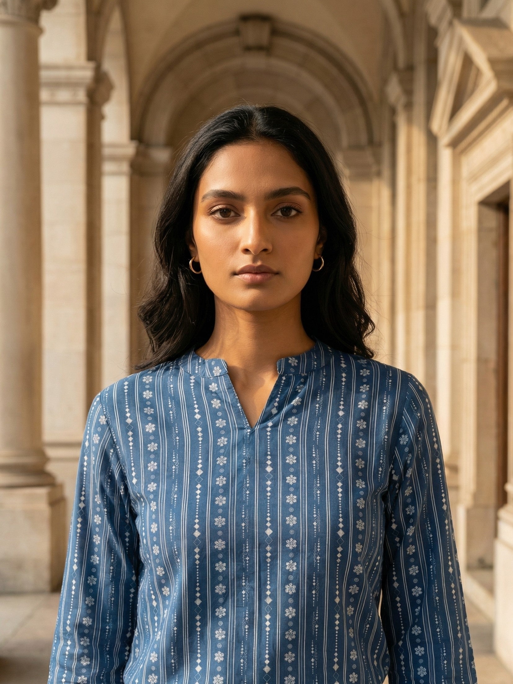 Blue Round Neck Floral Print Cotton Top For Women