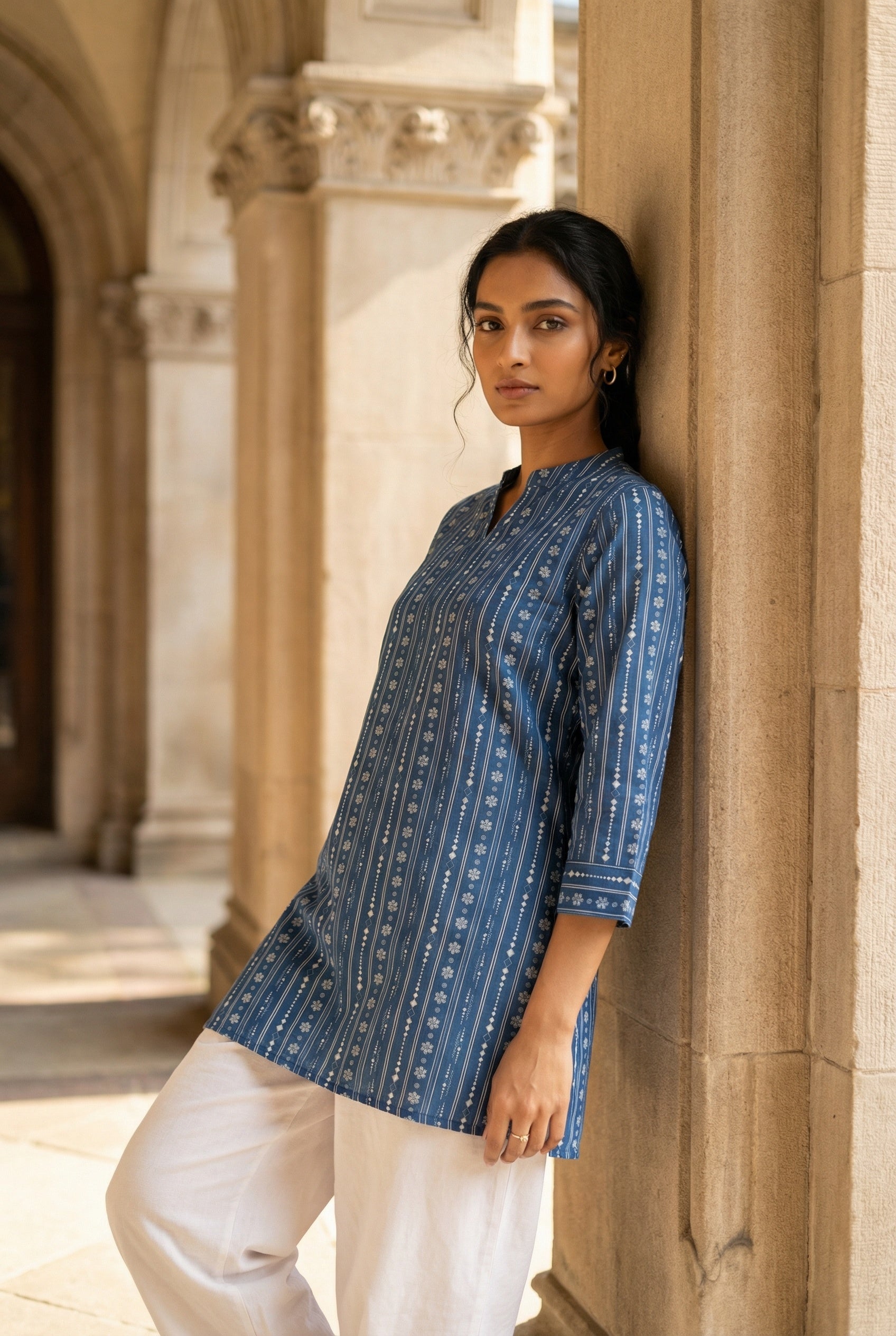 Blue Round Neck Floral Print Cotton Top For Women