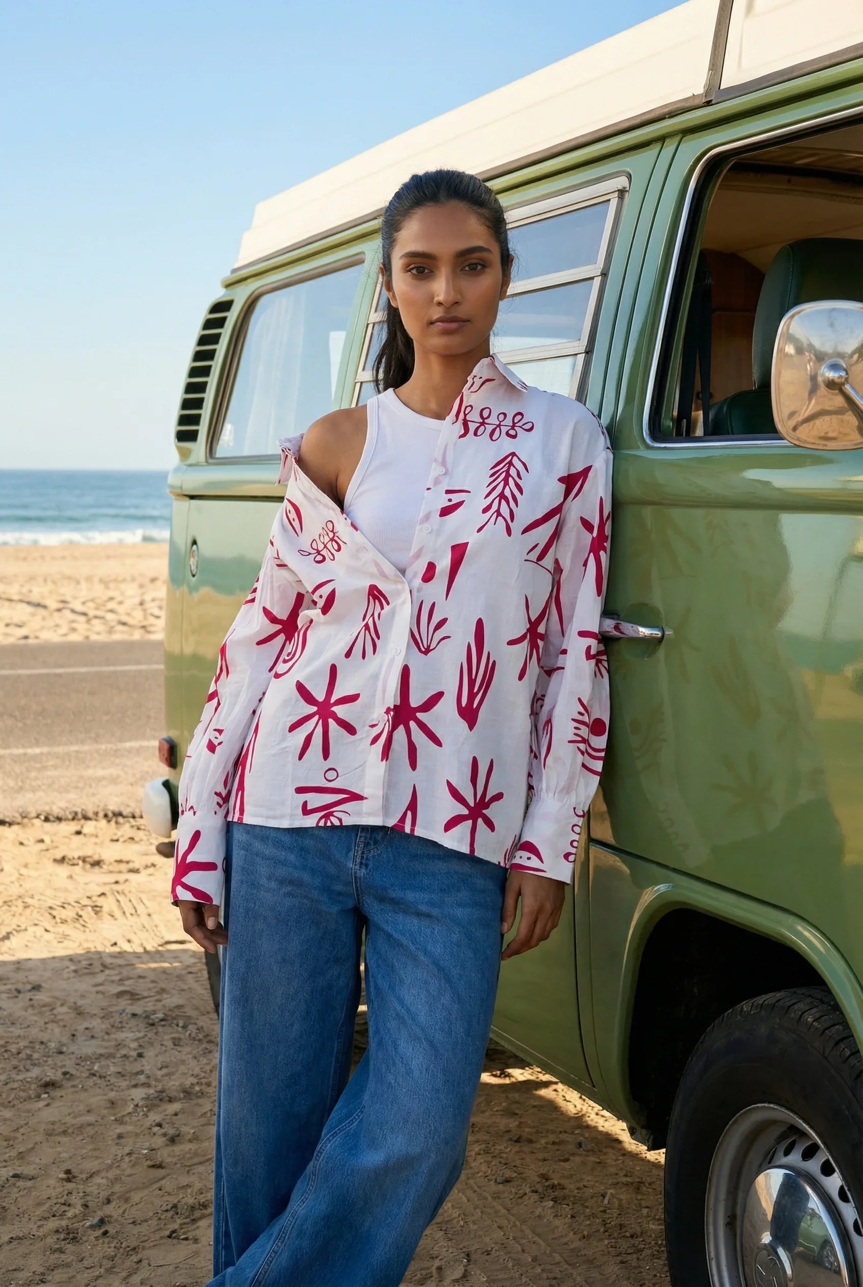 White Abstract Print Shirt Collar Cotton Top for Women - SanskrutiHomes