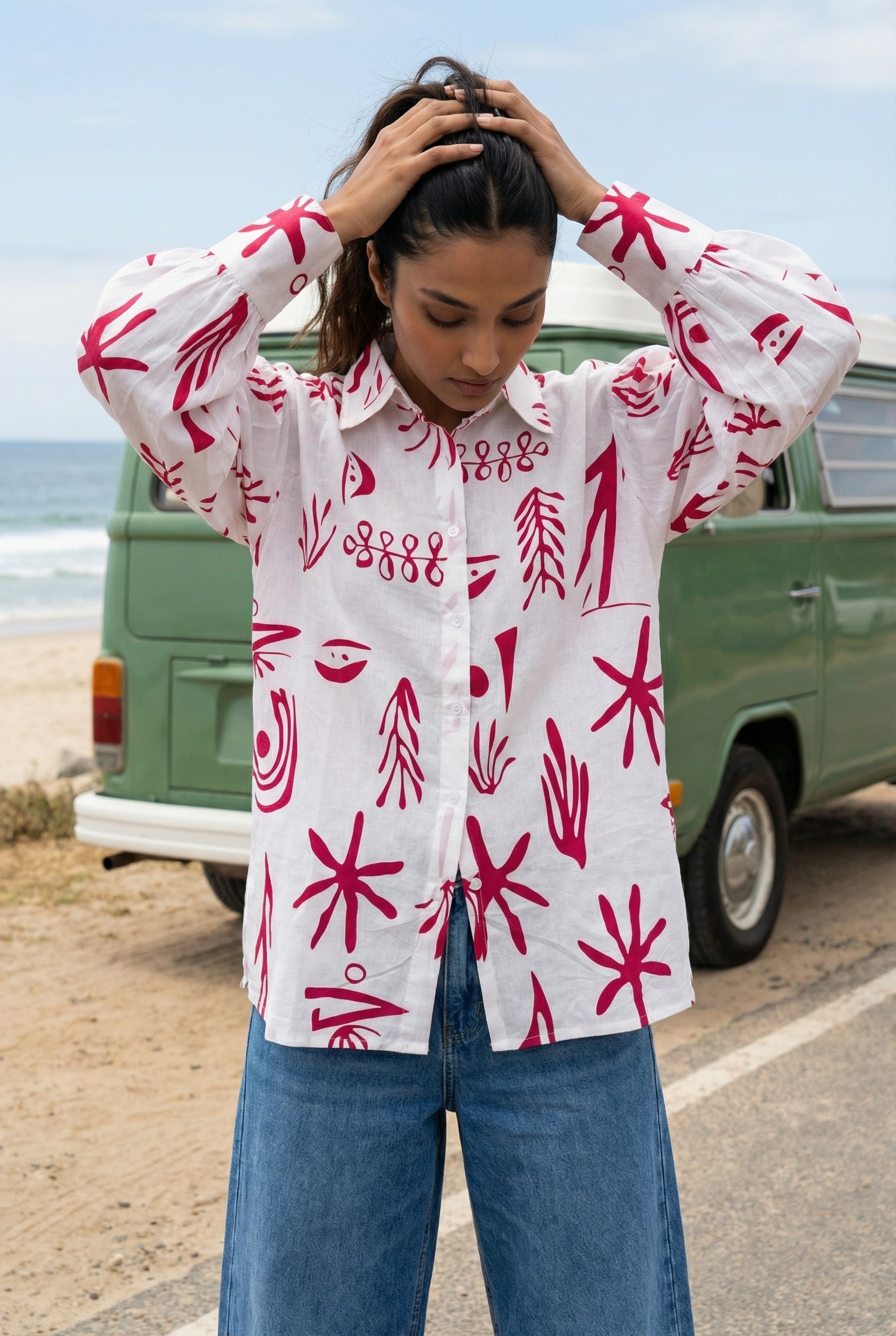 White Abstract Print Shirt Collar Cotton Top for Women