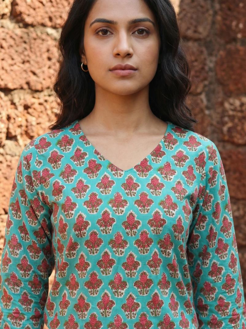 Sea Green V-Neck Floral Print Cotton Top For Women