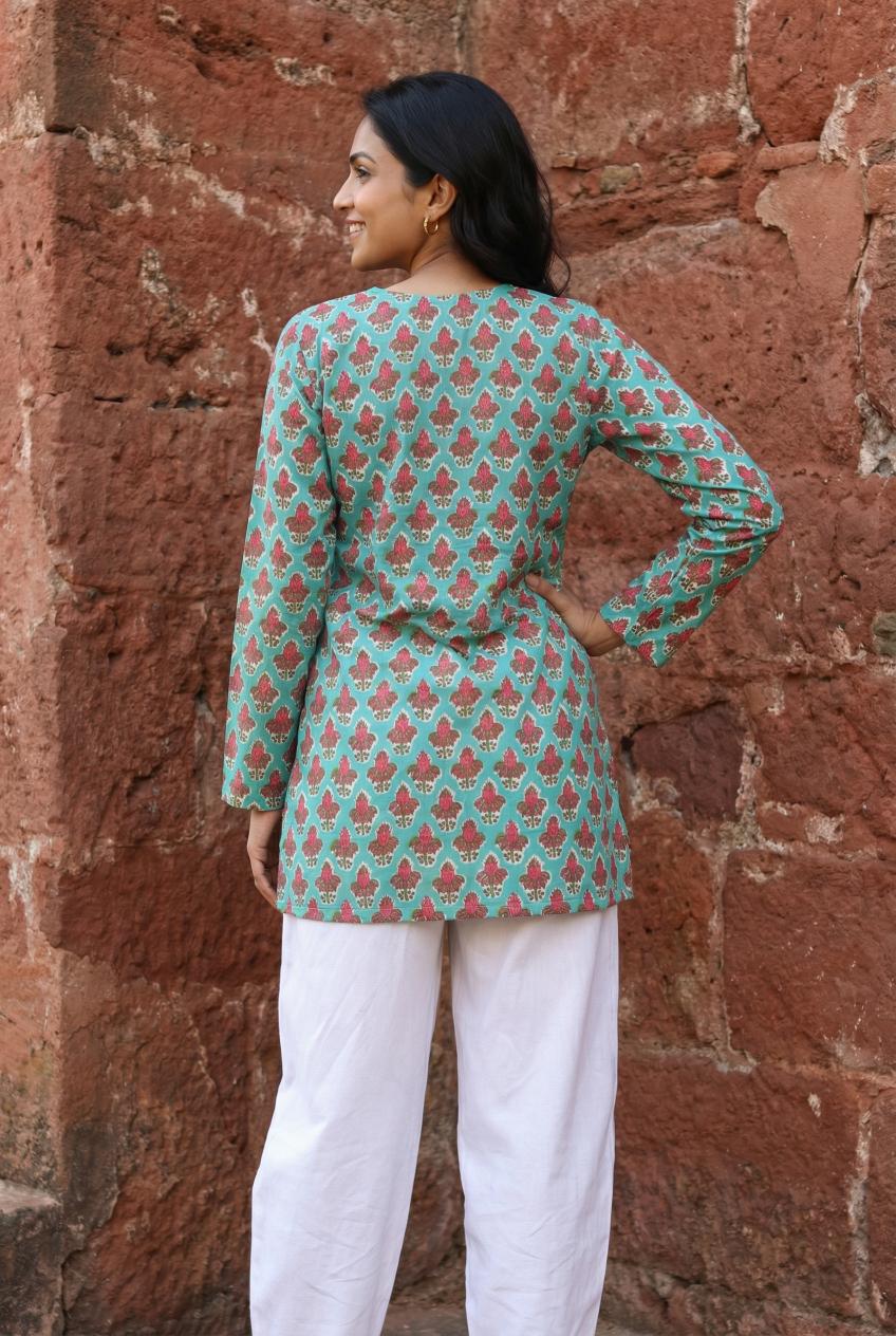 Sea Green V-Neck Floral Print Cotton Top For Women