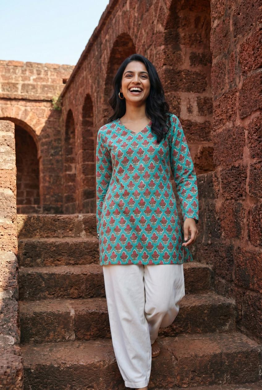Sea Green V-Neck Floral Print Cotton Top For Women