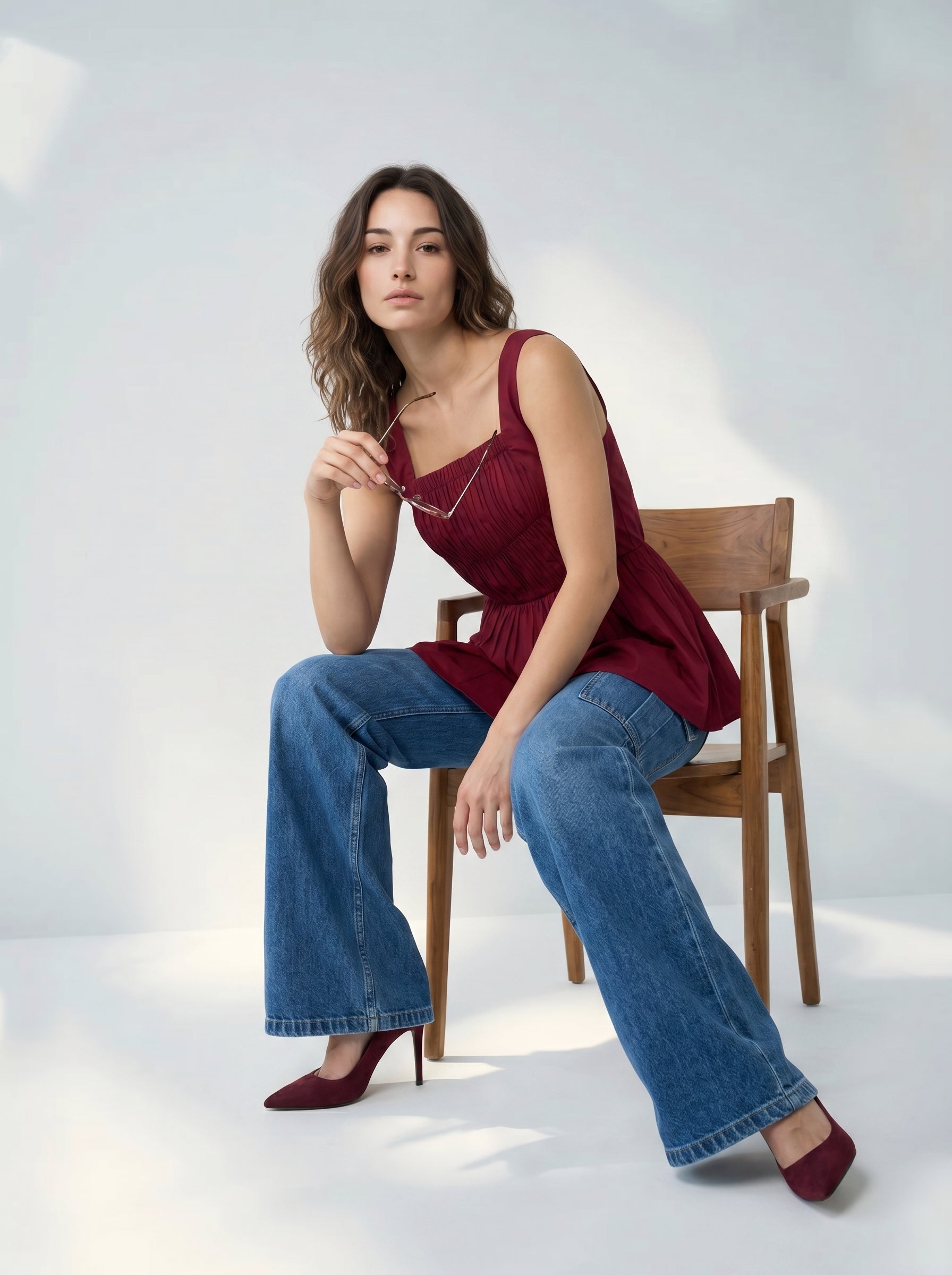 Red Solid Square Neck Sleeveless Top for Women