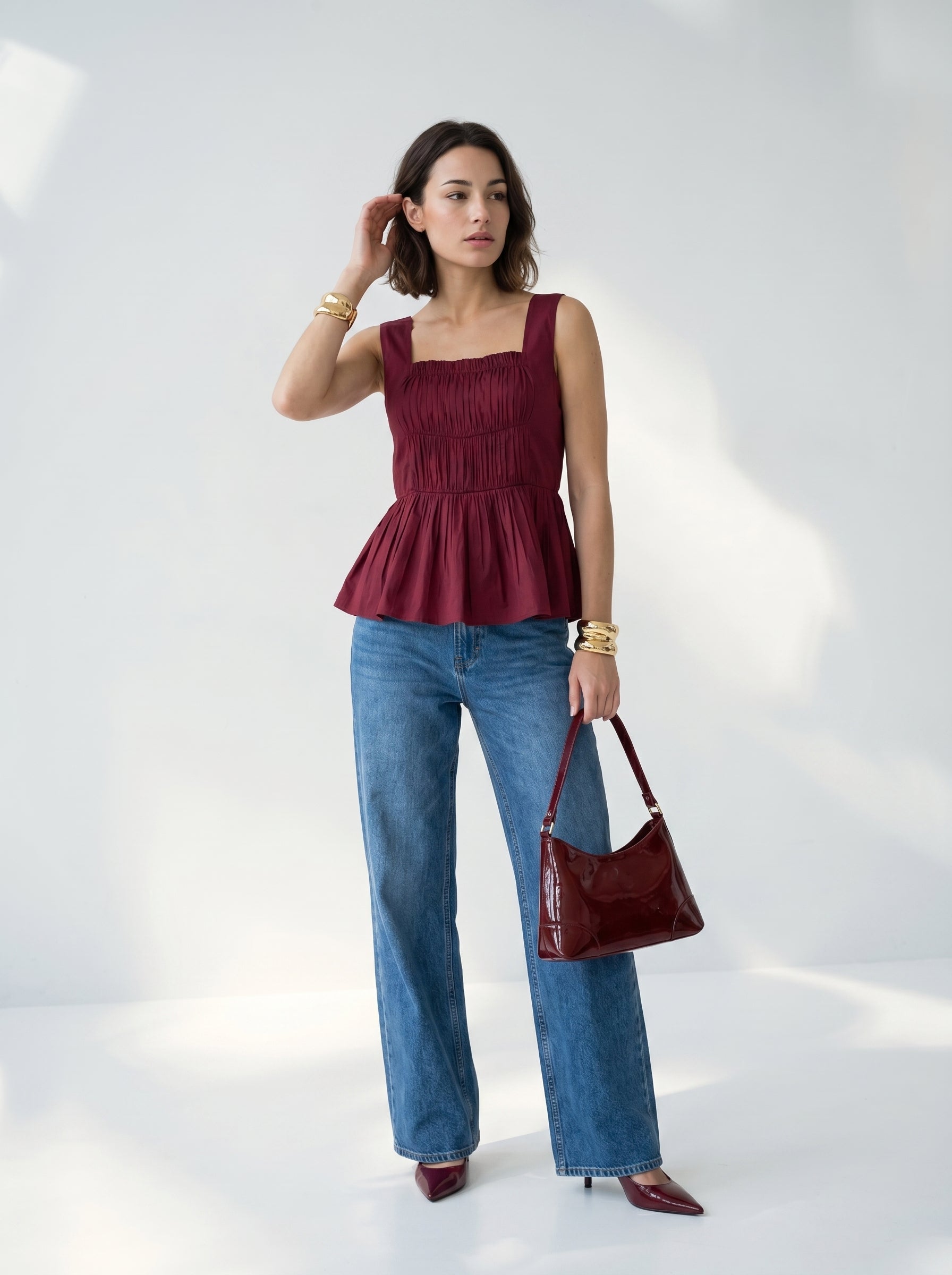 Red Solid Square Neck Sleeveless Top for Women
