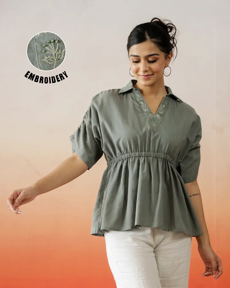 Solid Print Cotton Embroidered Top