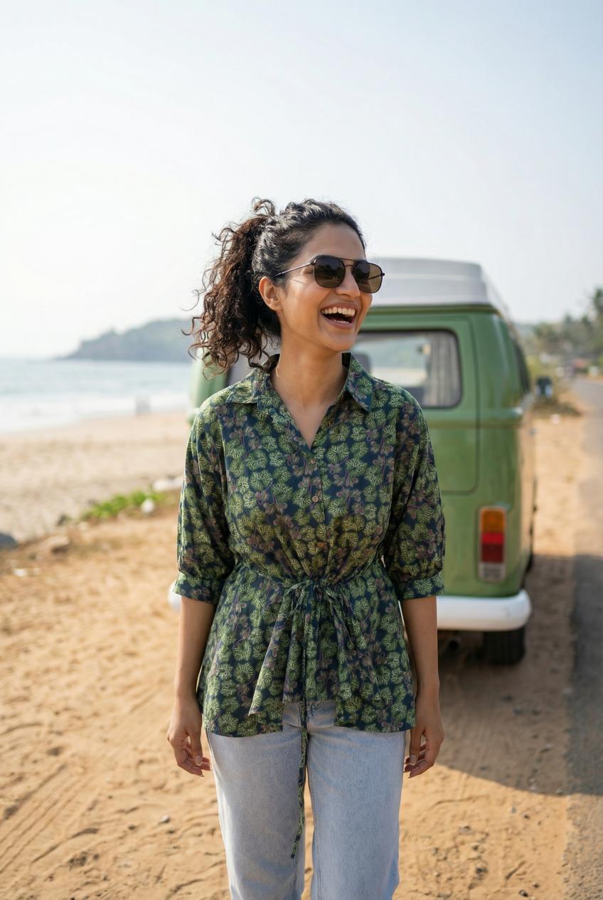 Green Abstract Print Shirt Collar Cotton Top For Women