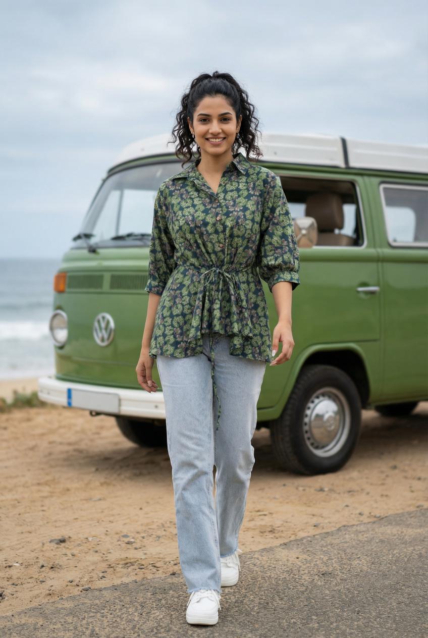 Green Abstract Print Shirt Collar Cotton Top For Women