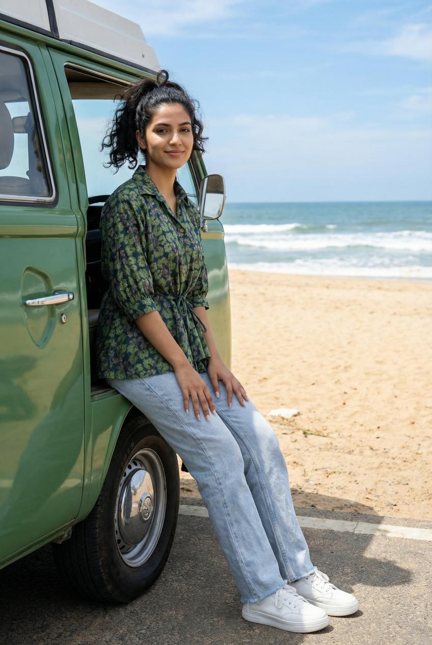 Green Abstract Print Shirt Collar Cotton Top For Women