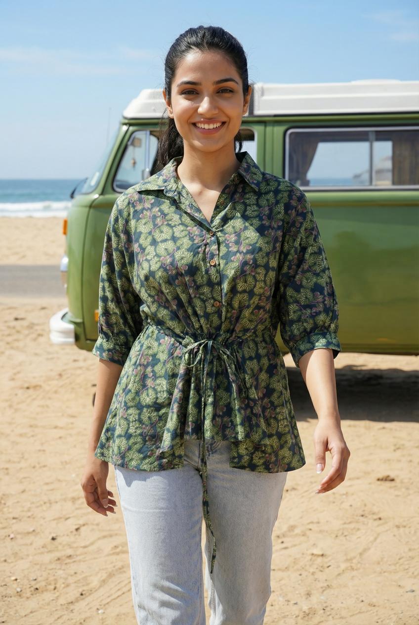 Green Abstract Print Shirt Collar Cotton Top For Women