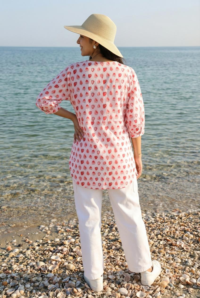 Pink V-Neck Pure Cotton Conversational Printed Top For Women