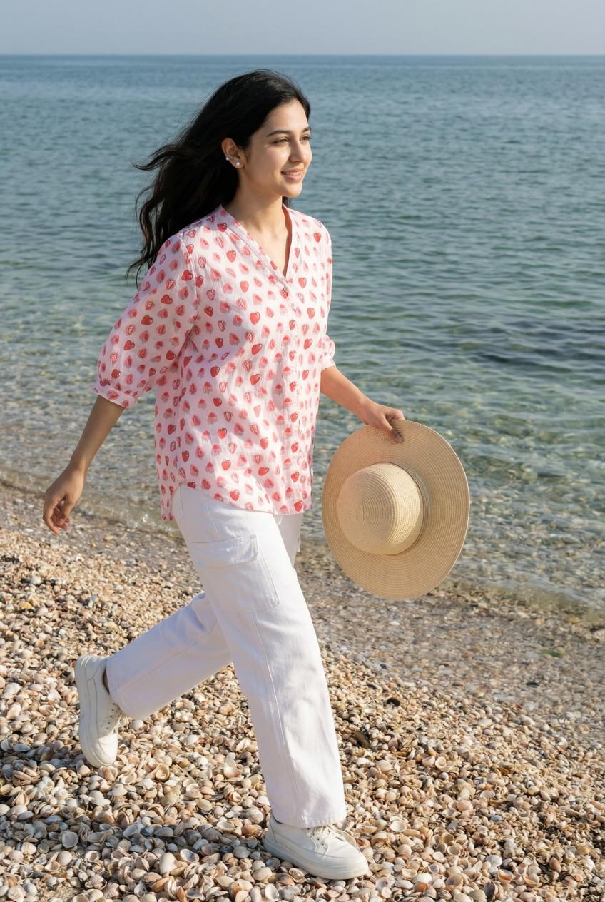 Pink V-Neck Pure Cotton Conversational Printed Top For Women
