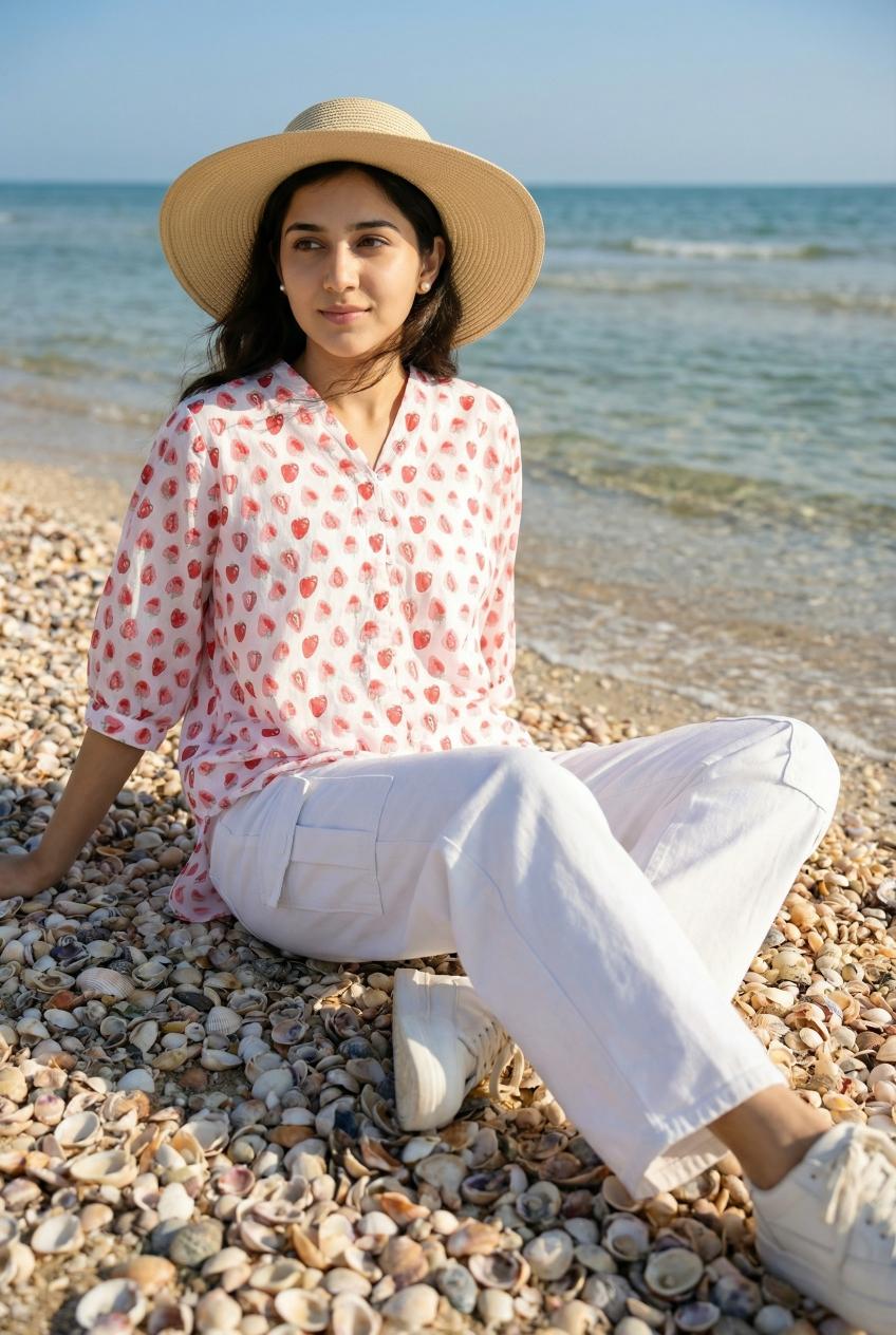 Pink V-Neck Pure Cotton Conversational Printed Top For Women
