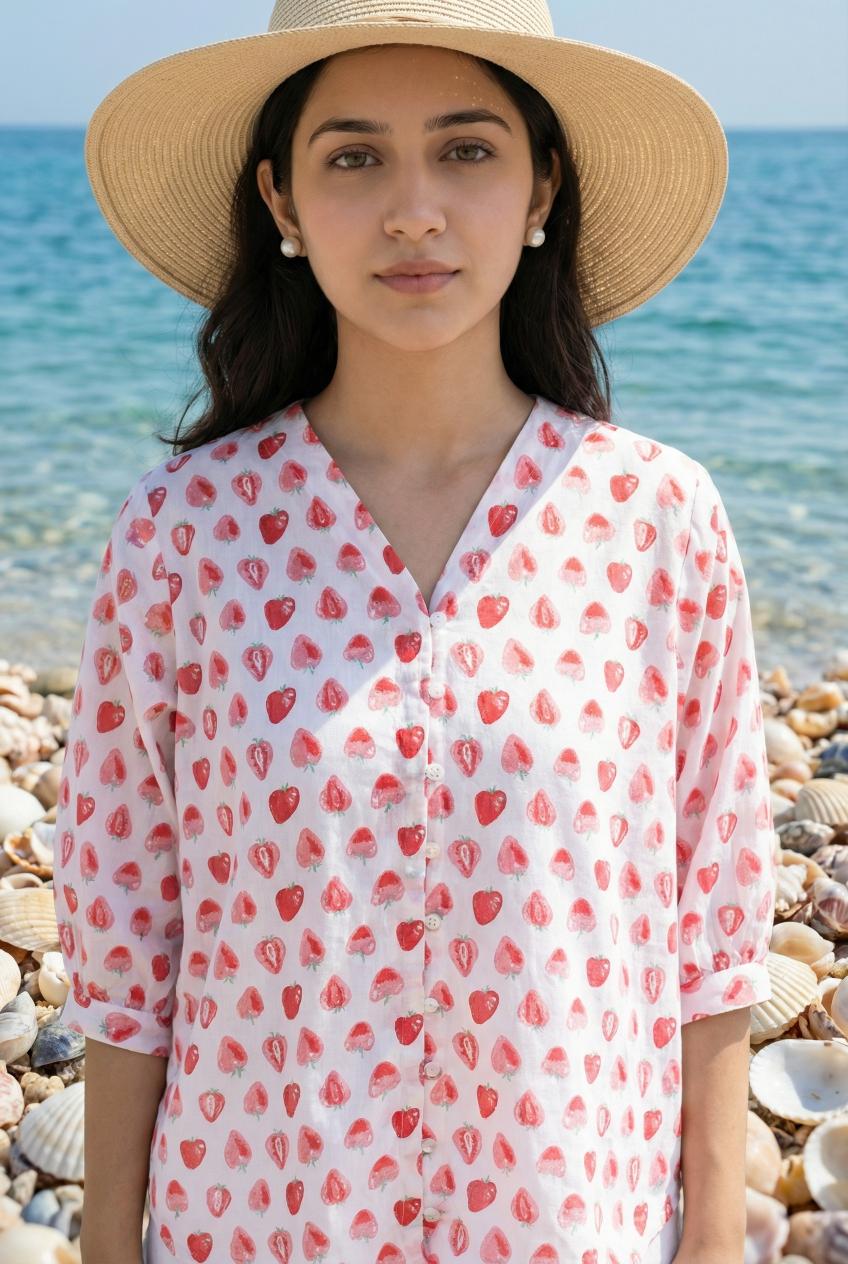 Pink V-Neck Pure Cotton Conversational Printed Top For Women