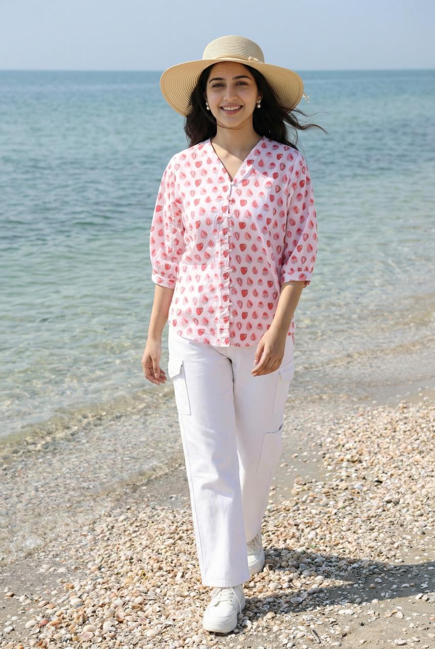Pink V-Neck Pure Cotton Conversational Printed Top For Women