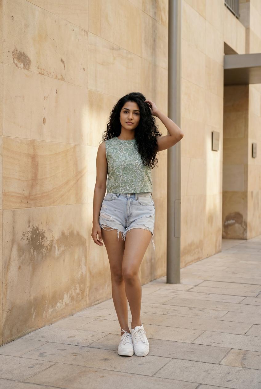 Green Boat Neck Paisley Printed Cotton Top For Women