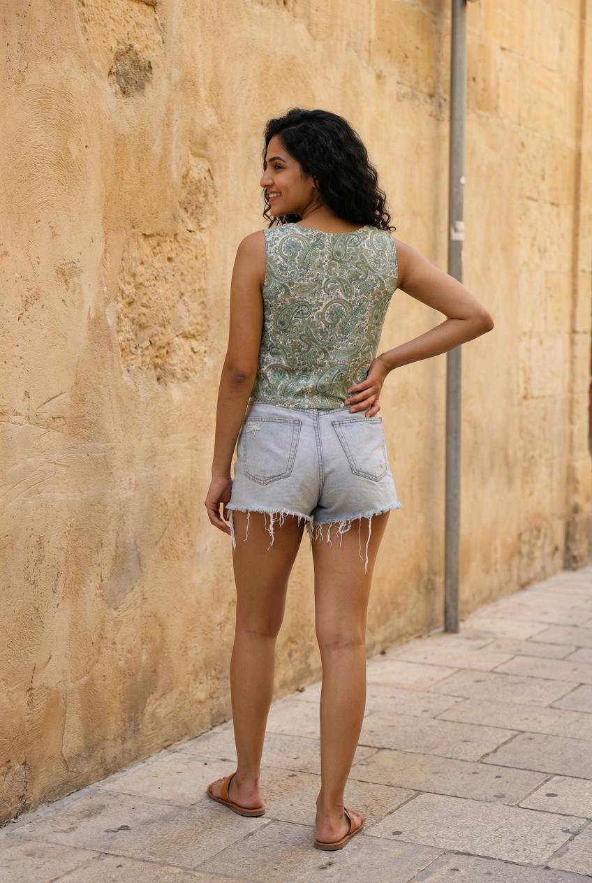 Green Boat Neck Paisley Printed Cotton Top For Women