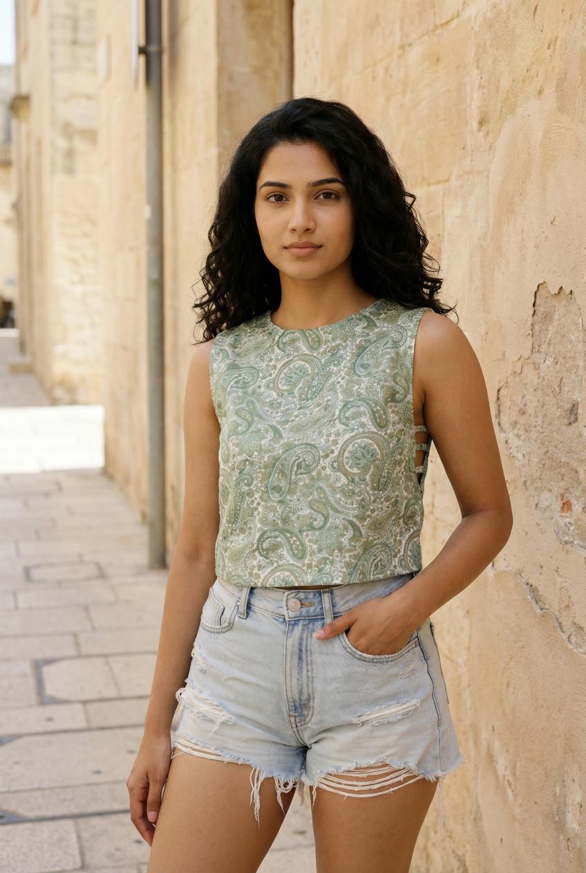 Green Boat Neck Paisley Printed Cotton Top For Women