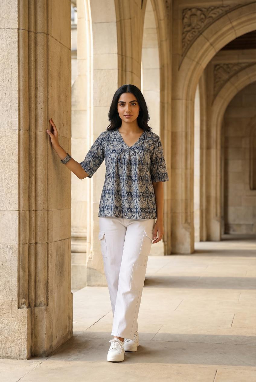 Navy Blue V-Neck Ethnic Motifs Print Pure Cotton Top For Women