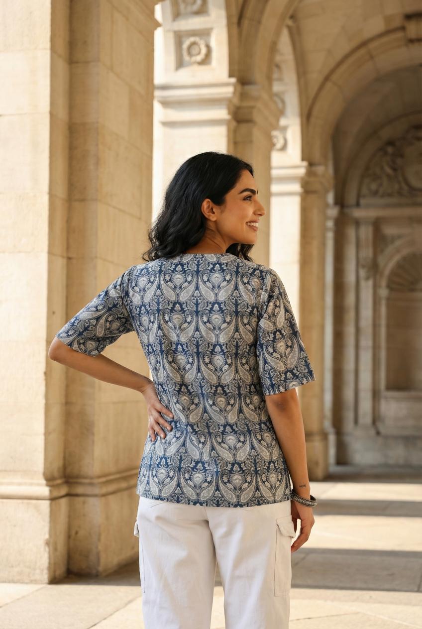 Navy Blue V-Neck Ethnic Motifs Print Pure Cotton Top For Women