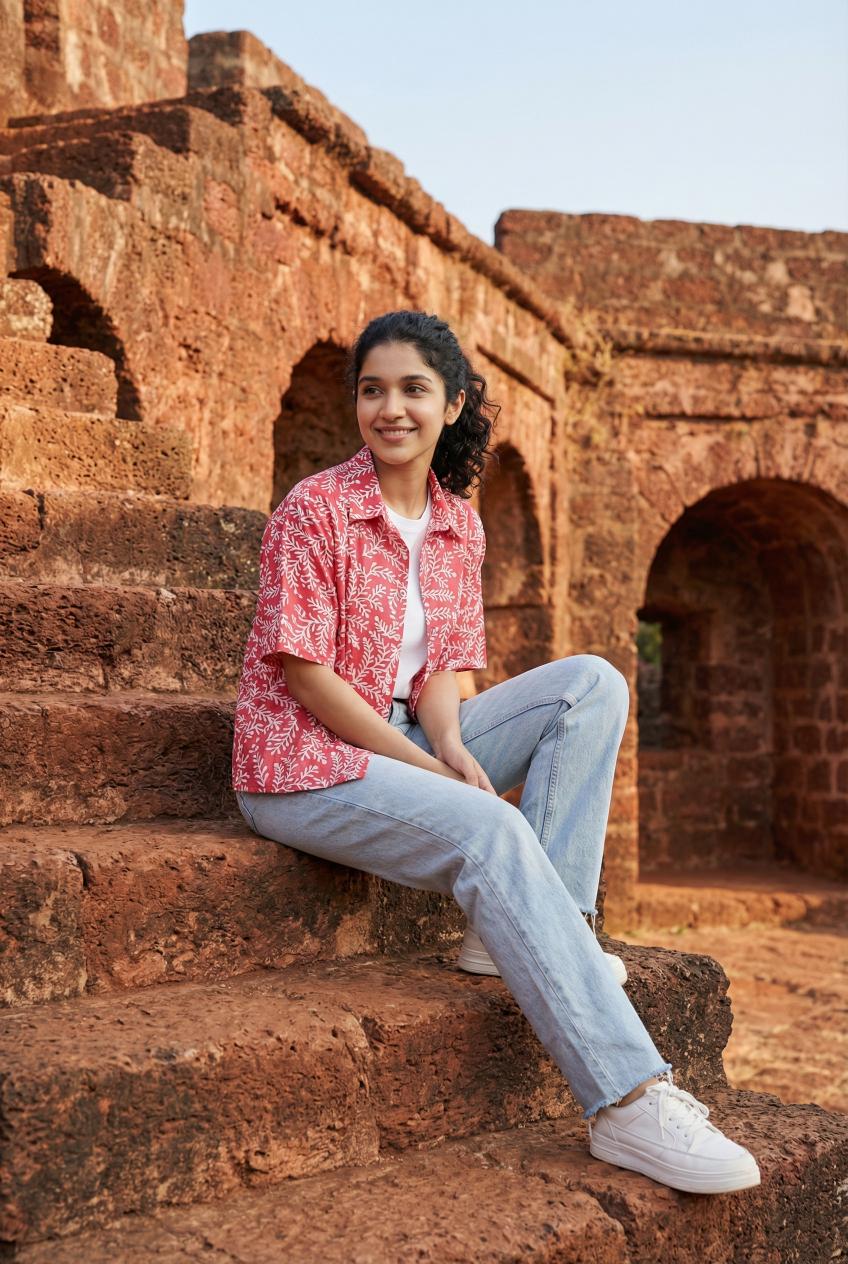 Pink Floral Print Shirt Collar Cotton Top For Women