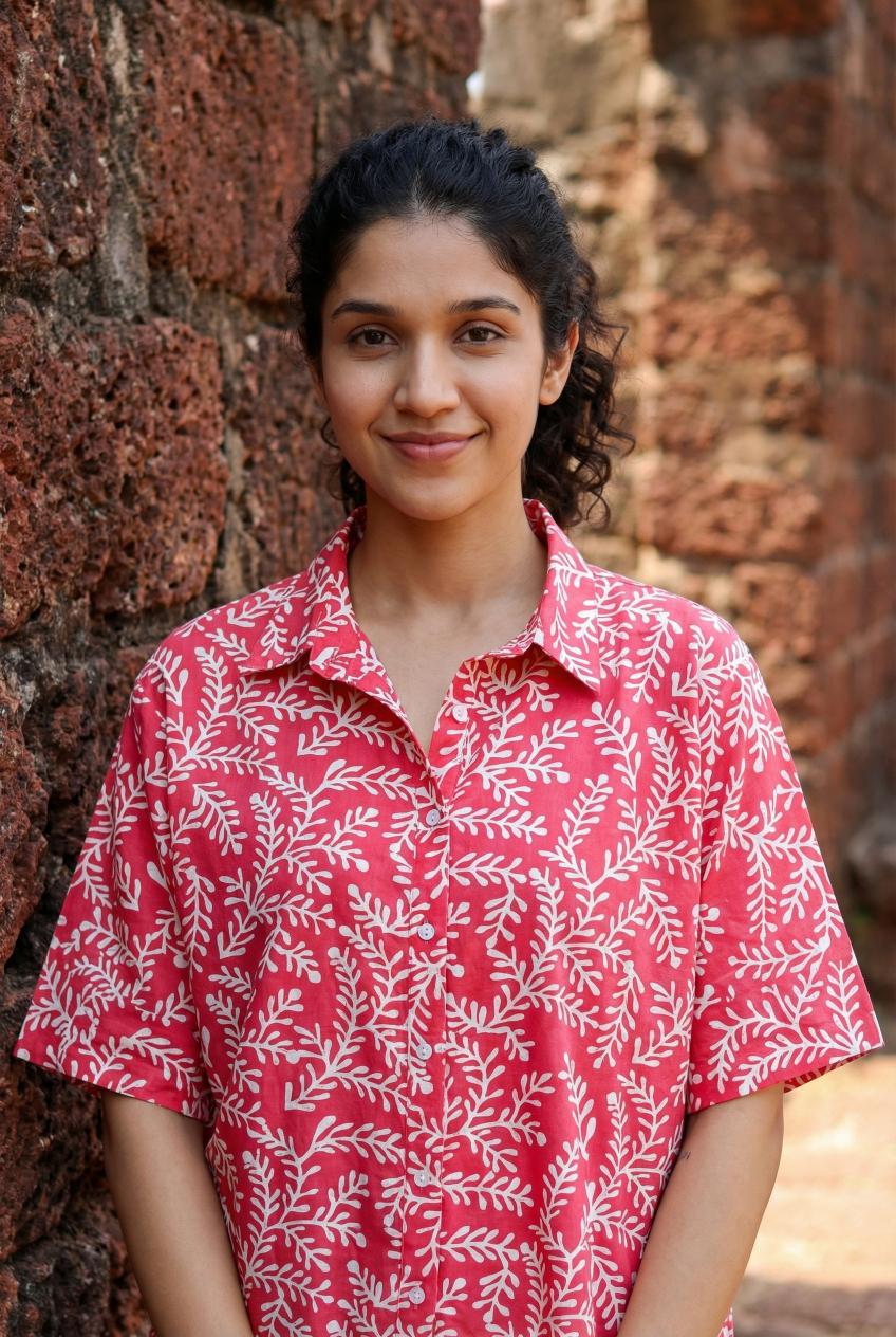 Pink Floral Print Shirt Collar Cotton Top For Women