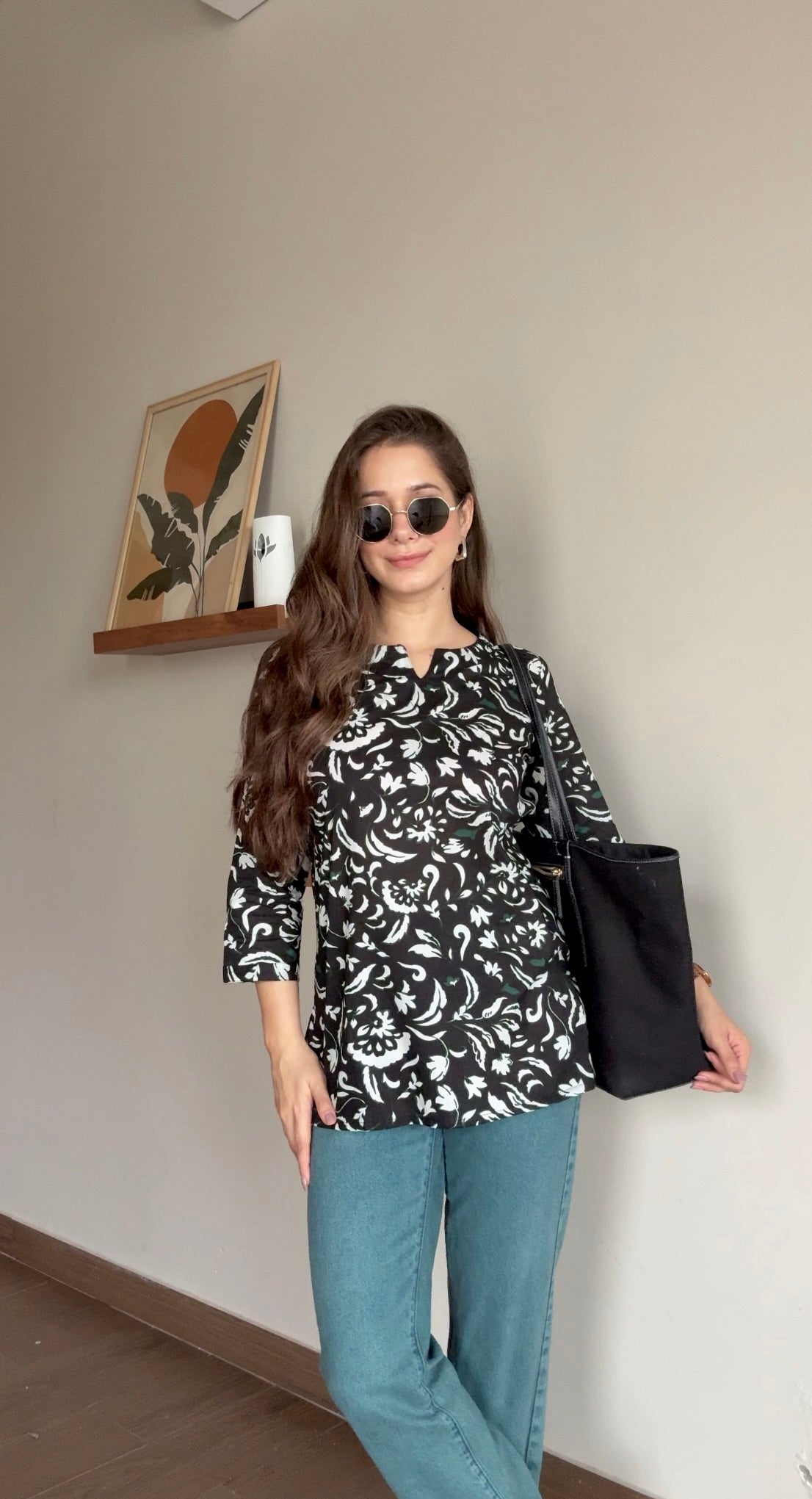 Black Floral Printed Round Neck Cotton Top for Women