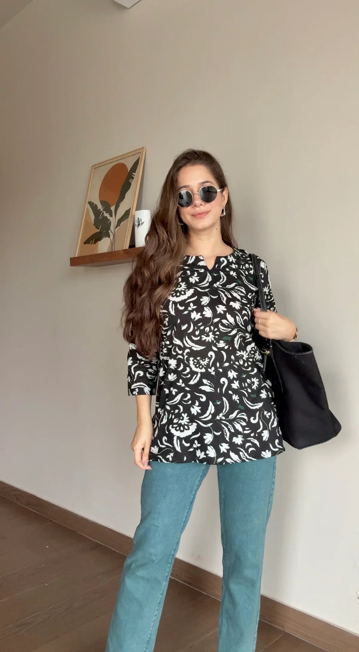 Black Floral Printed Round Neck Cotton Top for Women - SanskrutiHomes