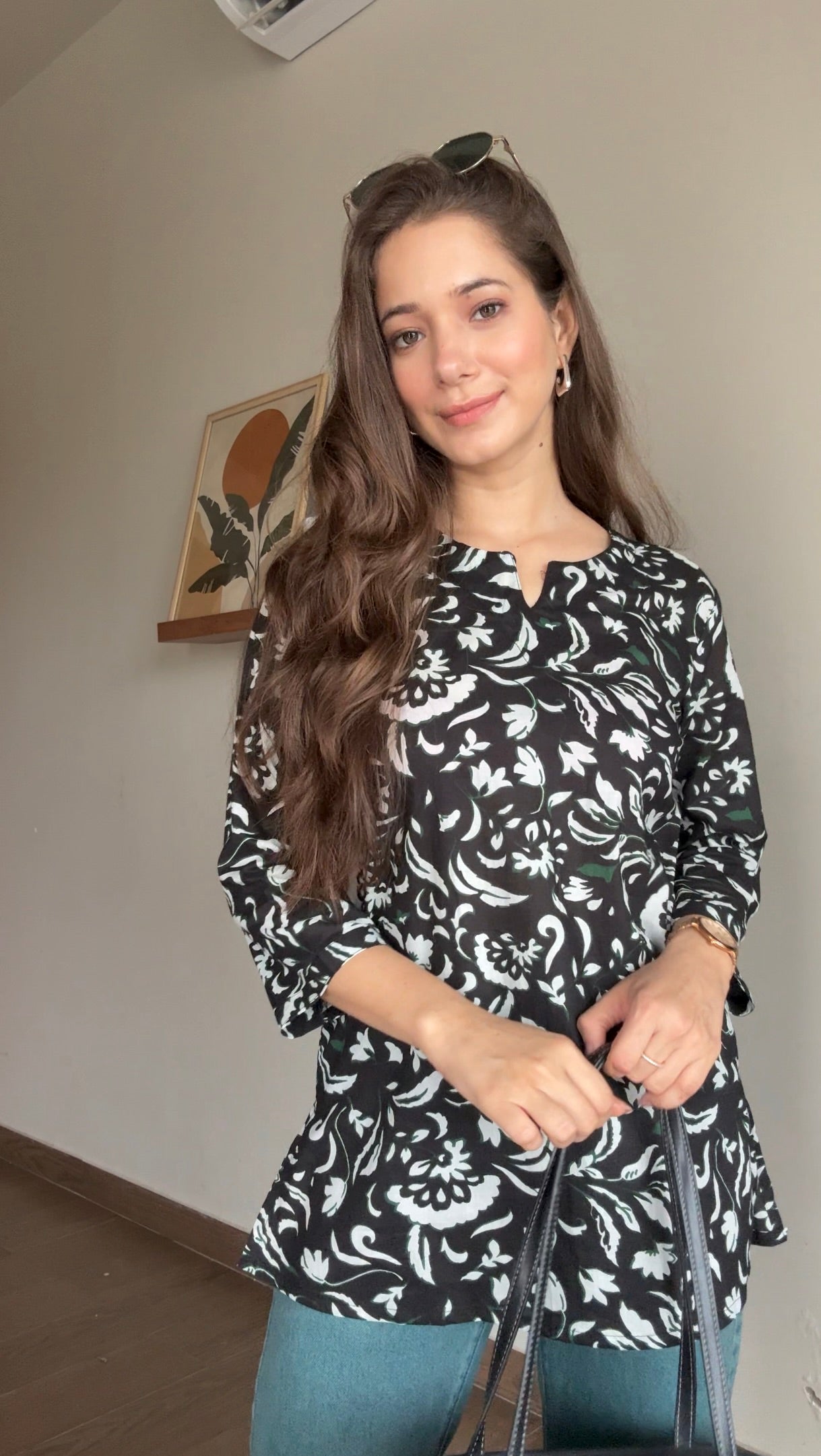 Black Floral Printed Round Neck Cotton Top for Women