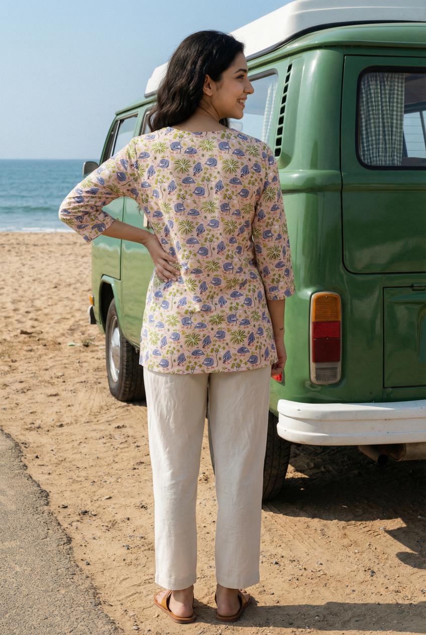 Beige Floral Print Round Neck Pure Cotton Top For Women