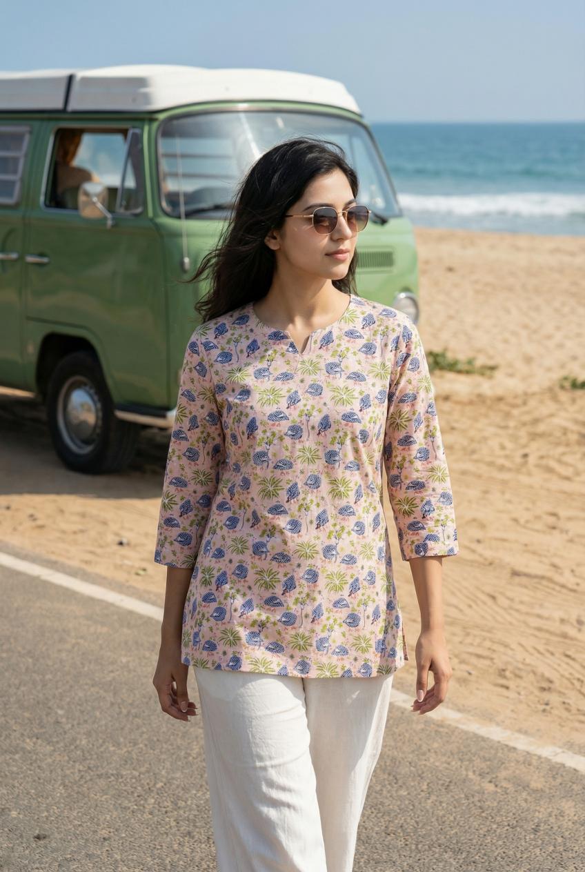 Beige Floral Print Round Neck Pure Cotton Top For Women