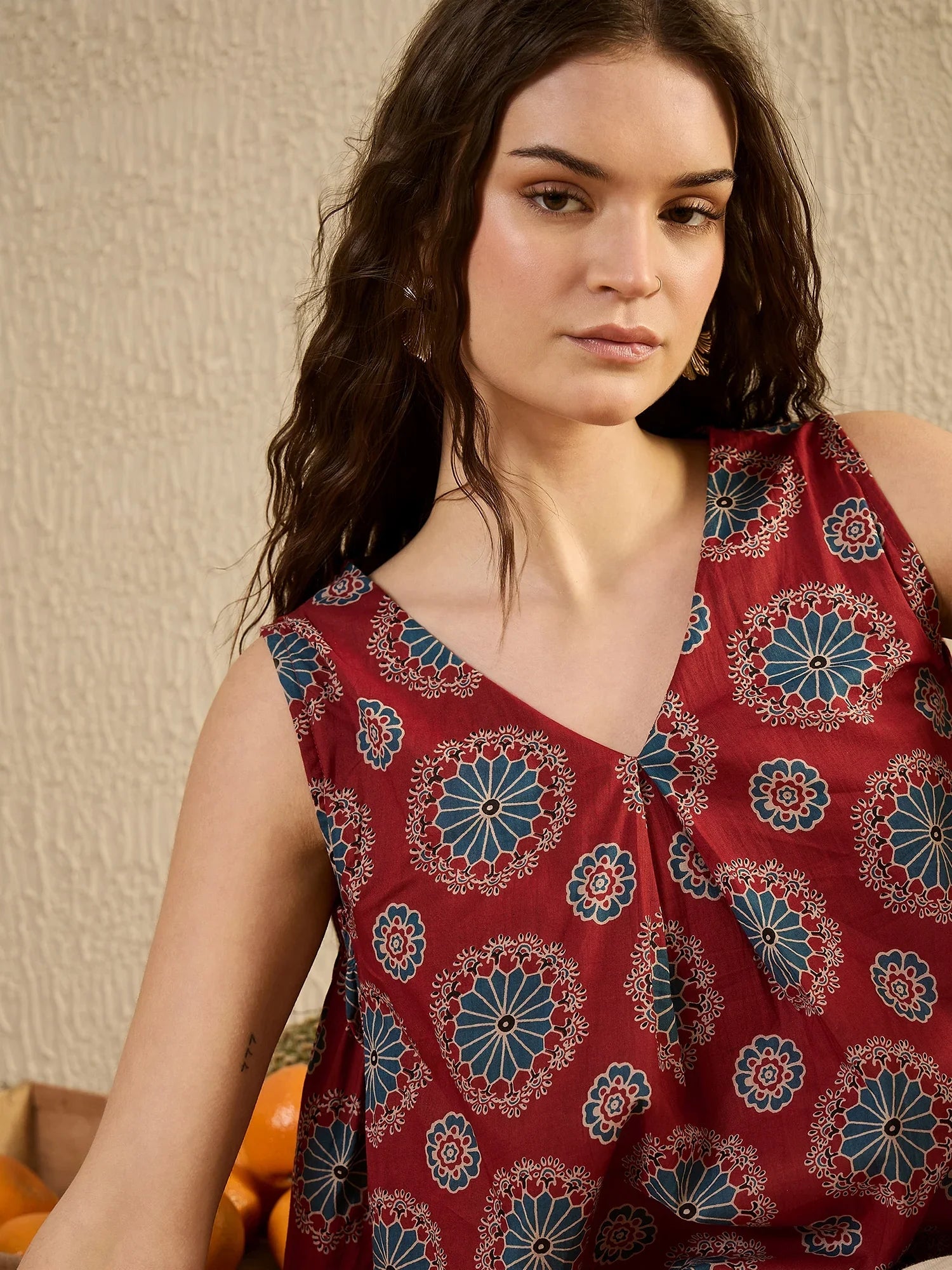 Red Ethnic Printed Top - SanskrutiHomes