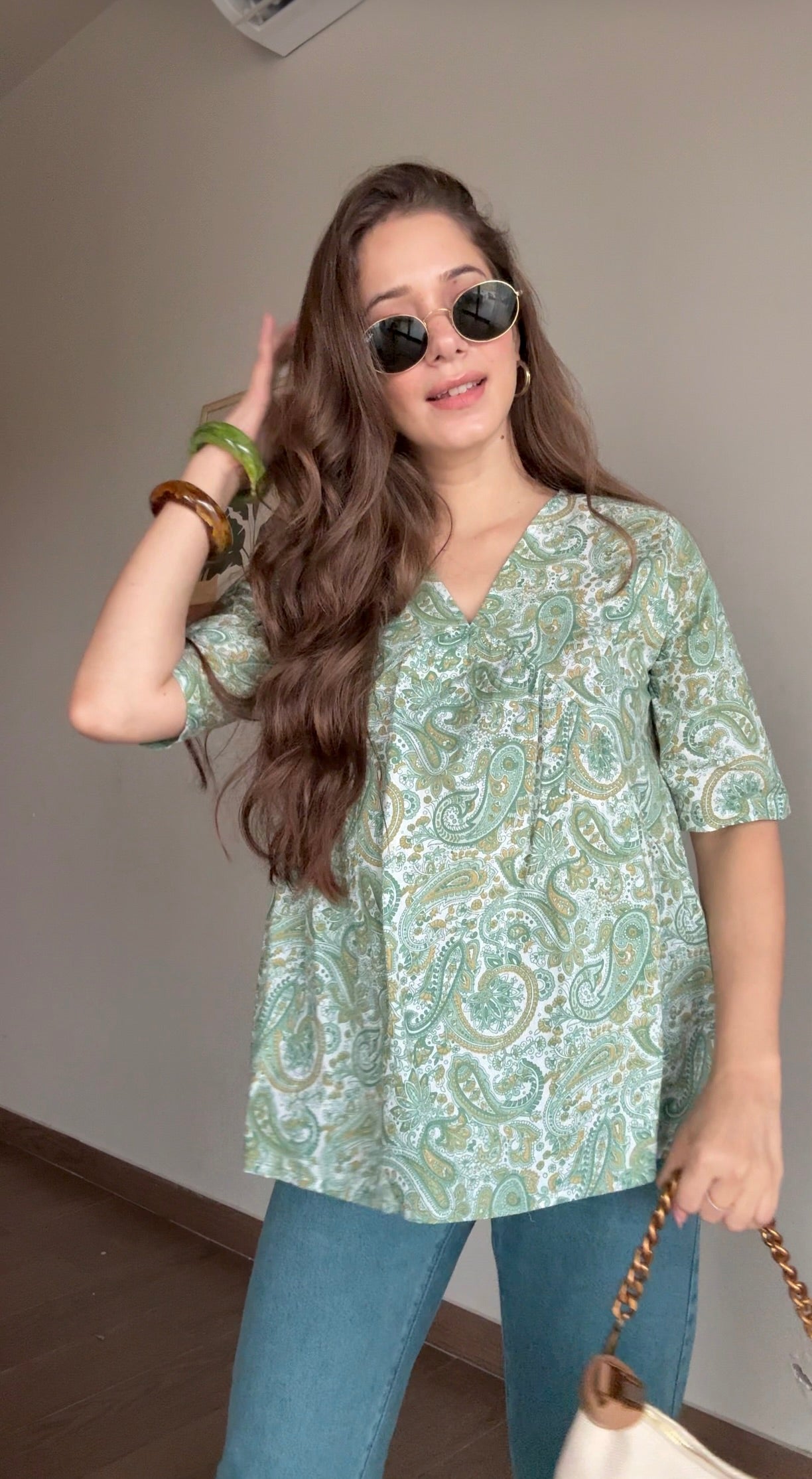 Green Flower Printed Cotton Half Sleeve Top for Women