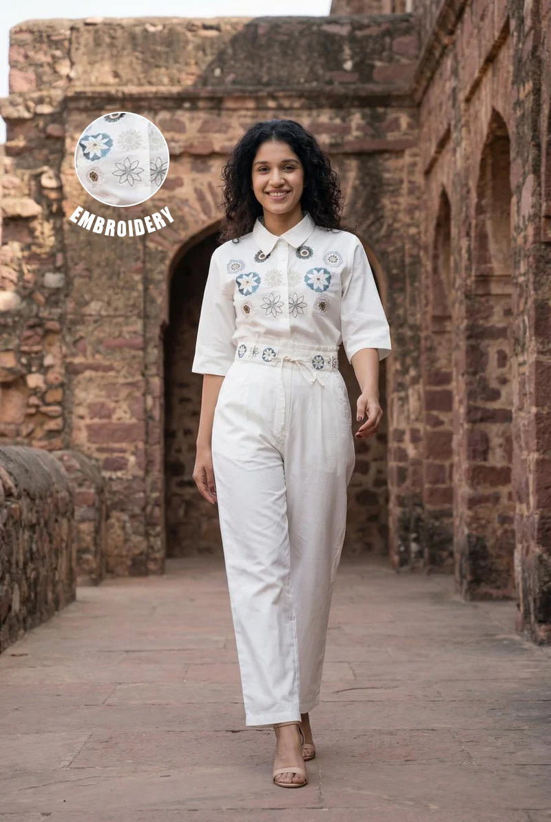 White Floral Embroidered Pure Cotton Shirt With Trousers Co-Ord Set For Women