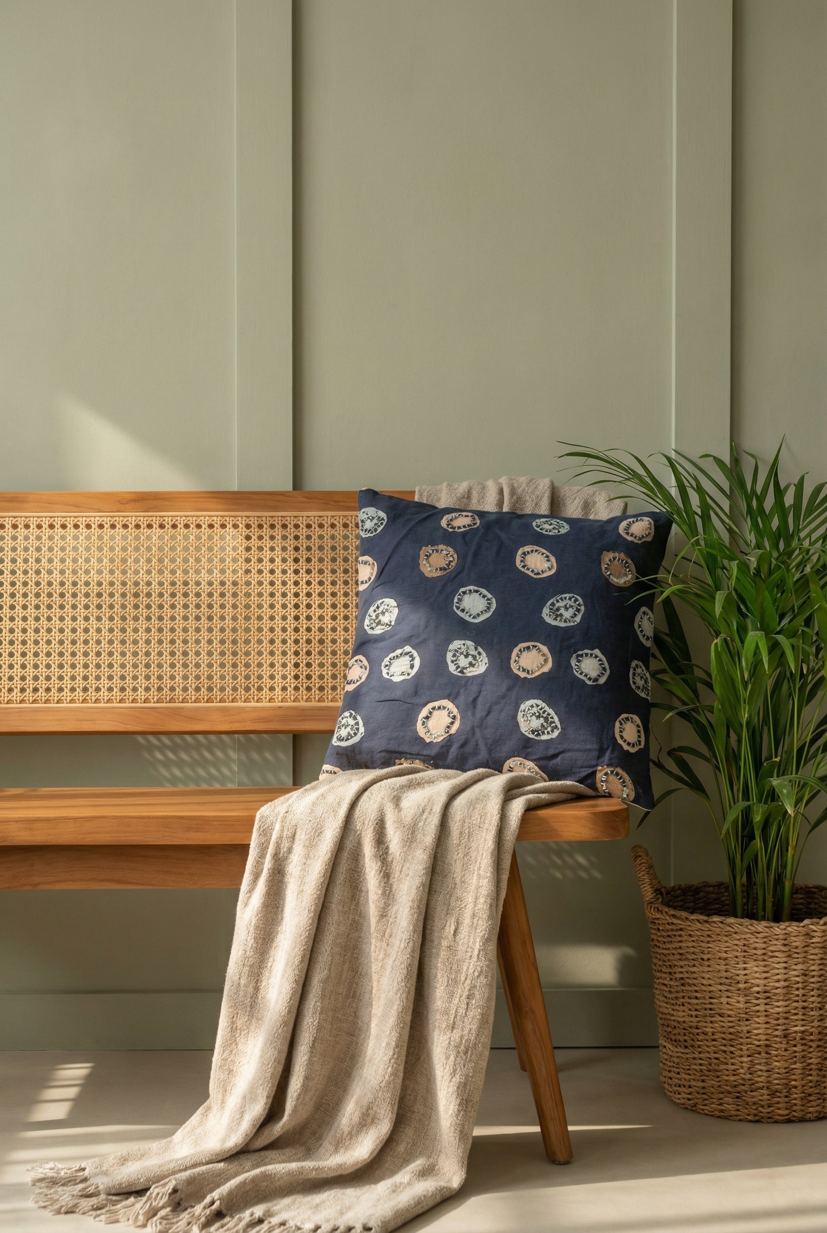 Navy Blue Polka Dot Squared Cotton Cushion Cover With Elegant Design