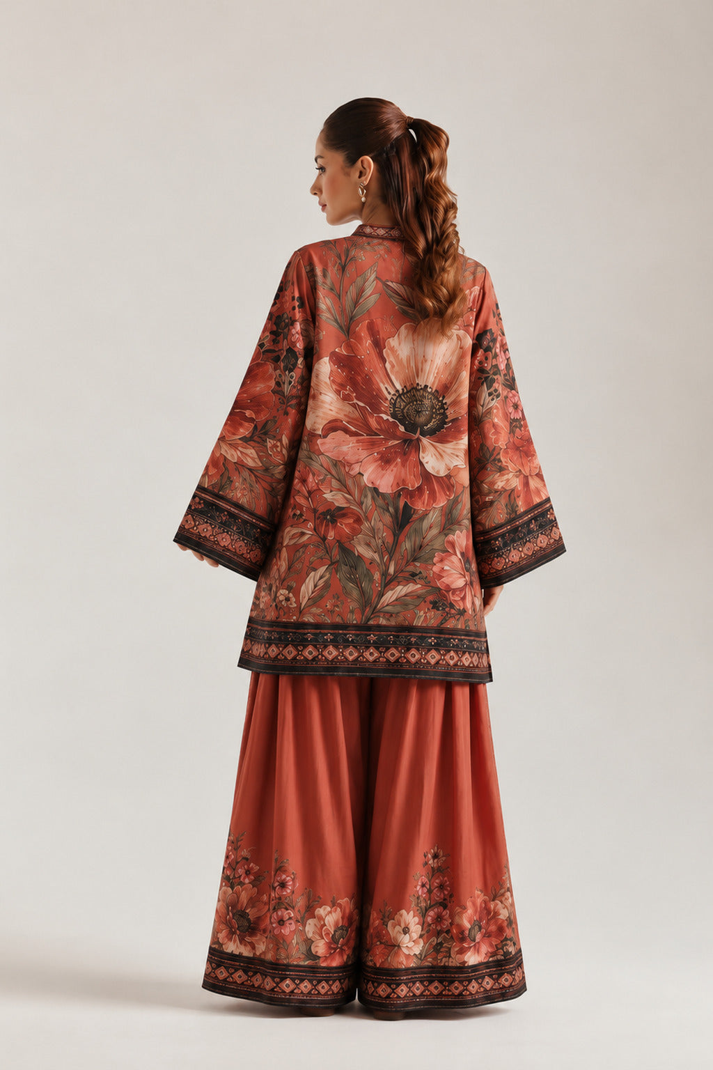 Red Statement Mandarin Neck Floral Tunic & Farshi Salwar Co-Ord Set