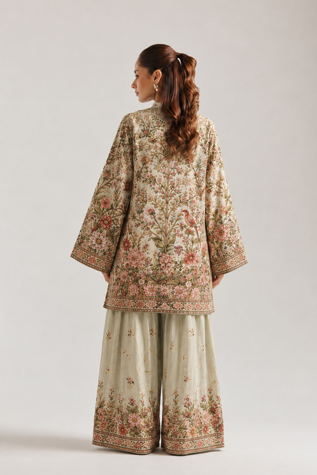 Green Floral & Bird Print Tunic & Farshi Salwar Co-Ord Set For Women