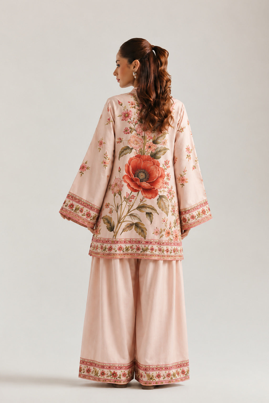 Pink Mandarin Neck Floral Statement Tunic & Farshi Salwar Co-Ord Set