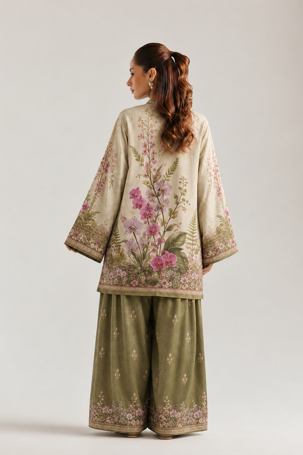 Olive Green Mandarin Neck Floral Print Tunic & Farshi Salwar Co-Ord Set