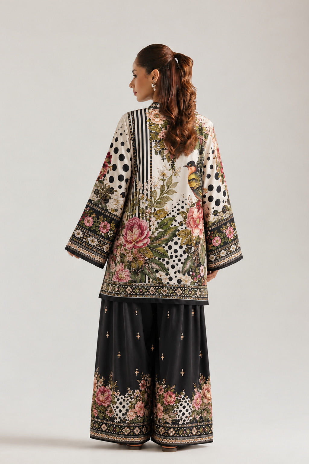 Black Mandarin Neck Tropical & Polka Print Tunic With Farshi Salwar Co-Ord Set