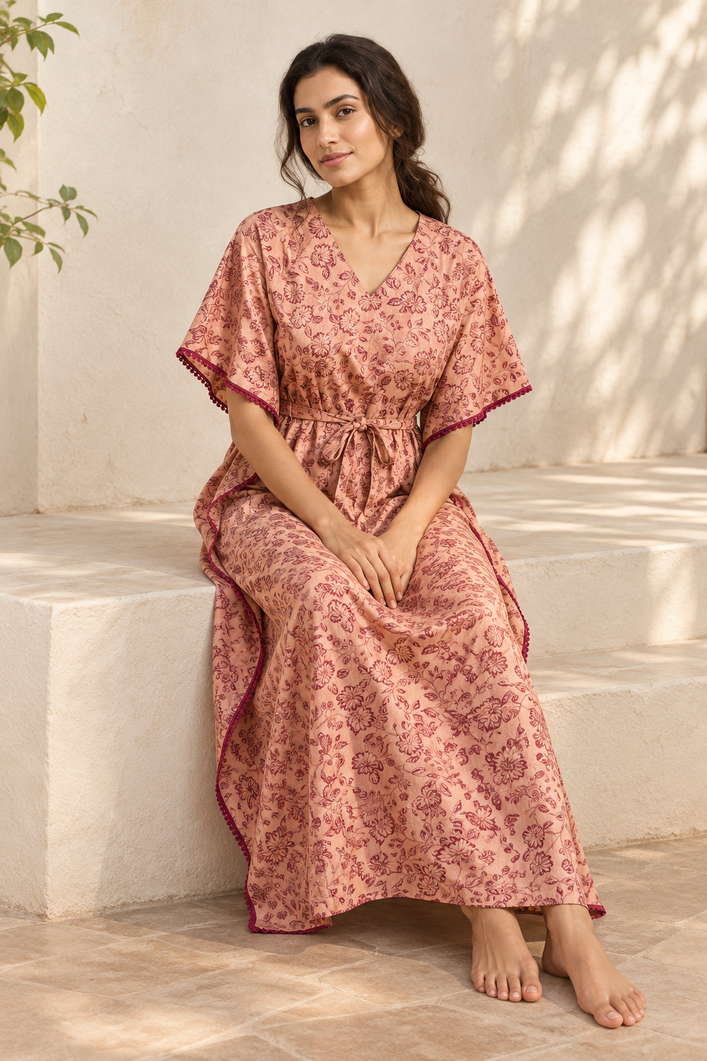 Red Floral Pure Cotton V-Neck Maxi Kaftan Nighty For Women