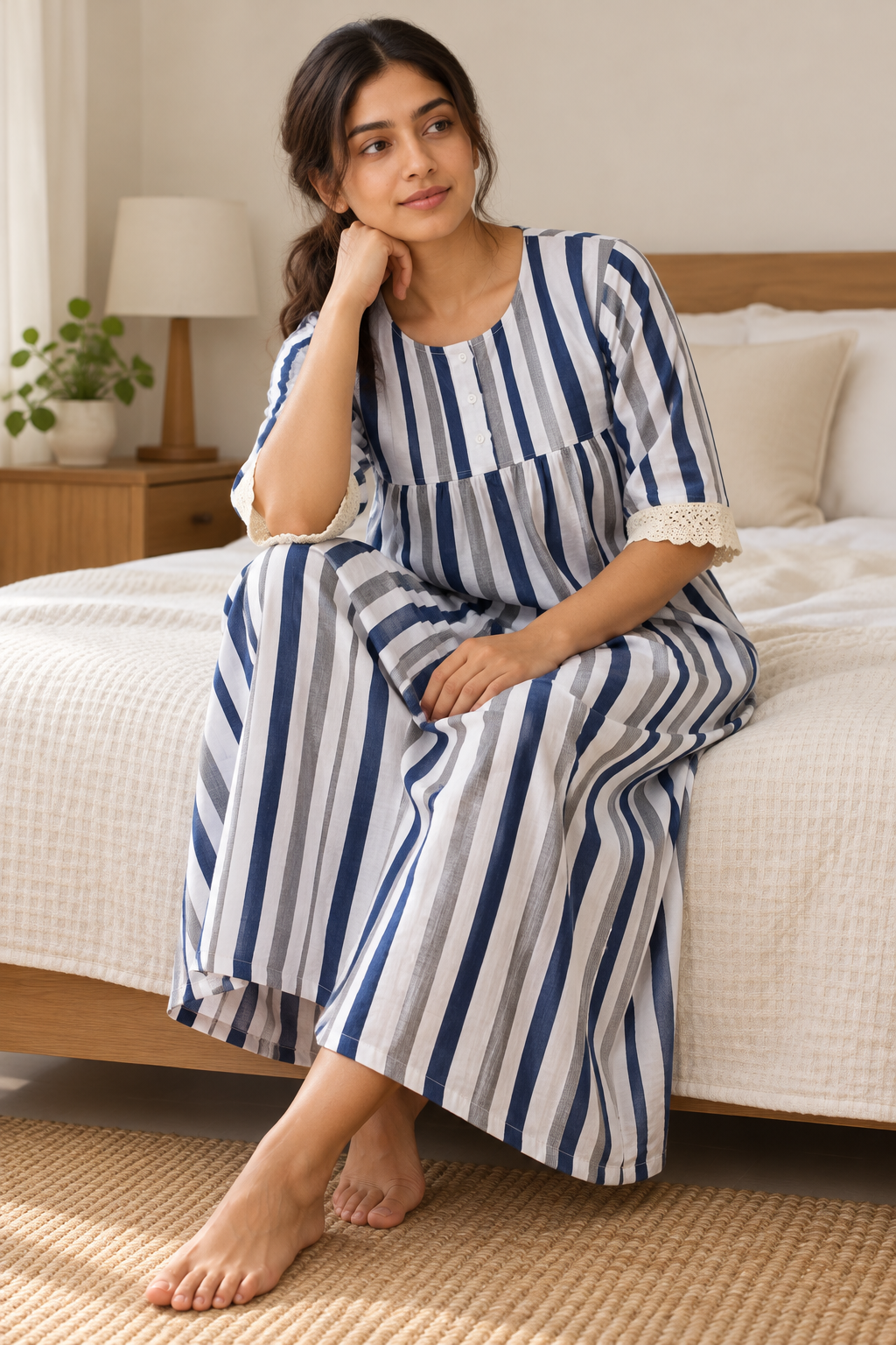 Blue Striped Pure Cotton Round Neck Maxi Nighty For Women