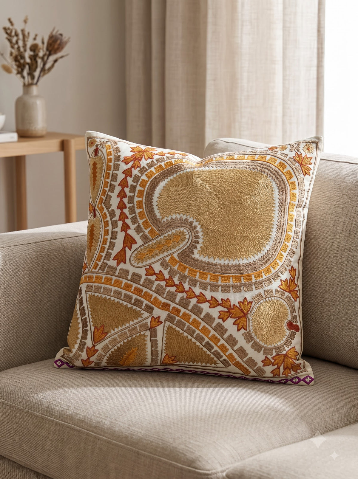 Mustard Geometric Cotton Bohemian Hand-Embroidered Square Cushion Cover