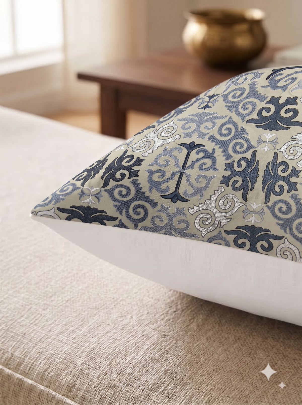 Beige Pure Cotton Damask Embroidered Decorative Cushion Cover