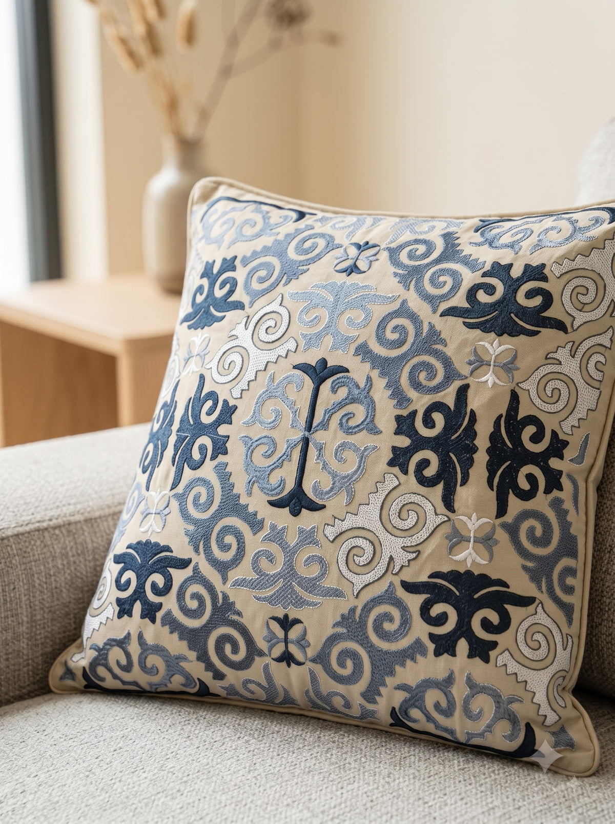 Beige Pure Cotton Damask Embroidered Decorative Cushion Cover