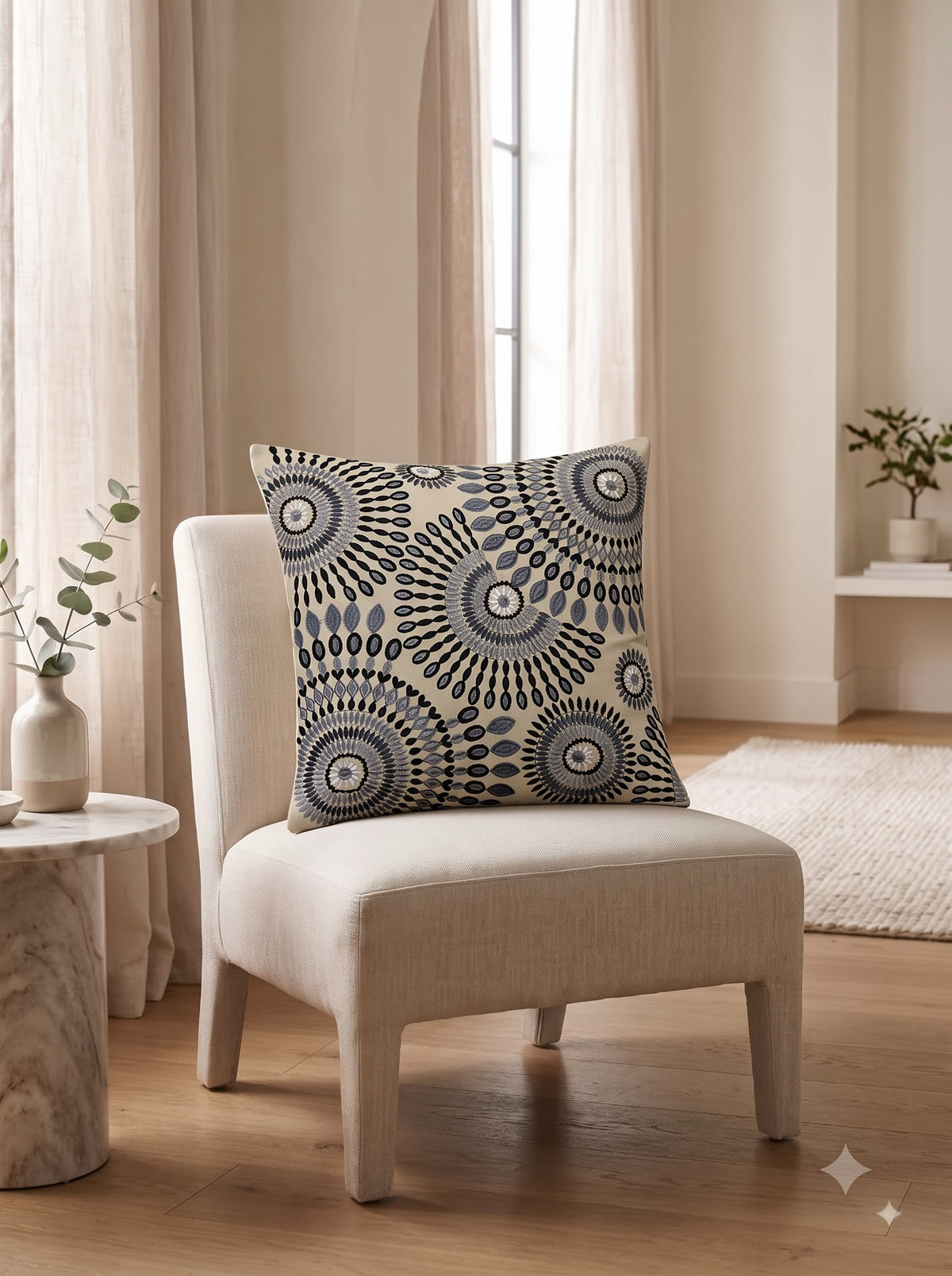 Grey Cotton Floral Sunburst Embroidered Decorative Cushion Cover