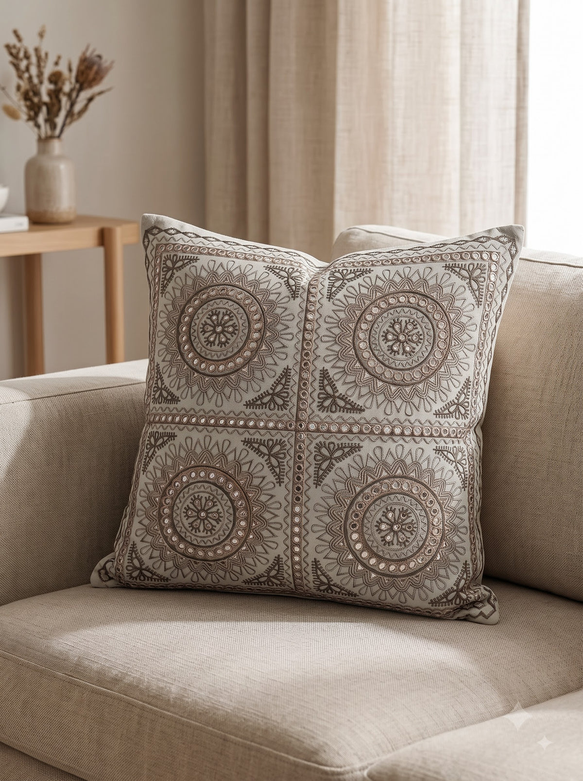 Beige Cotton Mandala Tile Mirror Work Embroidered Decorative Cushion Cover