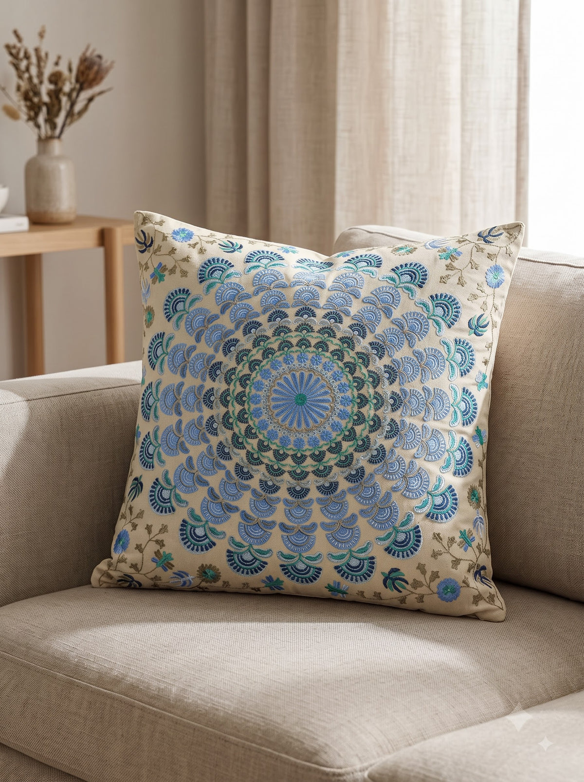 Blue Cotton Hand-Embroidered Bohemian Mandala Square Cushion Cover