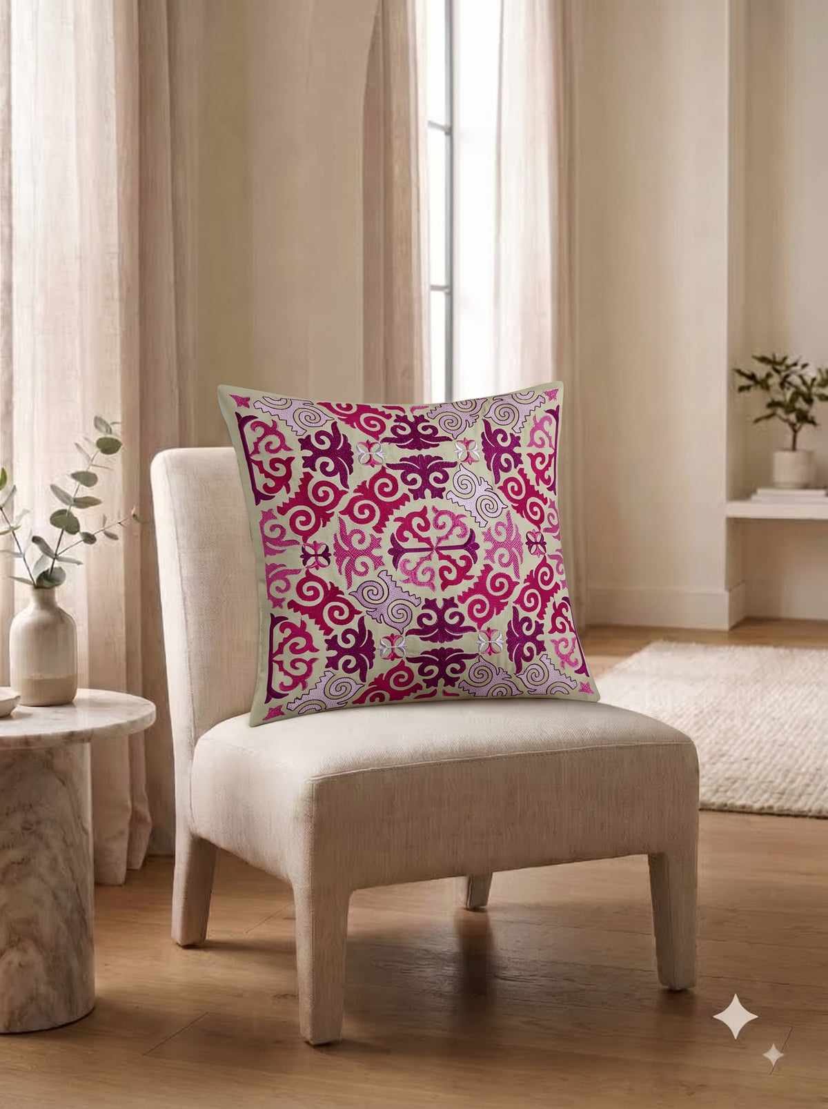 Pink Cotton Damask Medallion Embroidered Decorative Cushion Cover