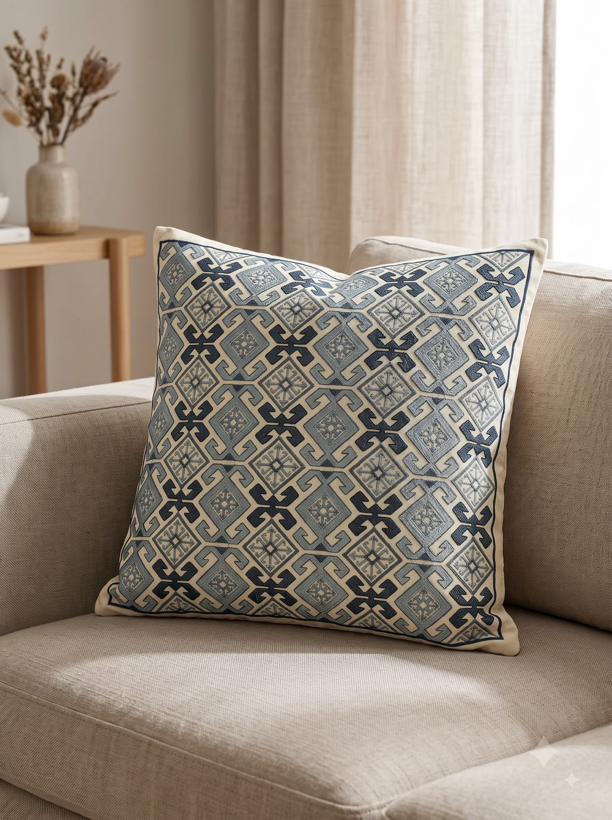 Grey Cotton Geometric Embroidered Decorative Cushion Cover